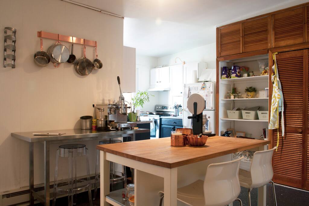 Espresso machine and grinder (and pour-over grinder), and the rest of our kitchen space