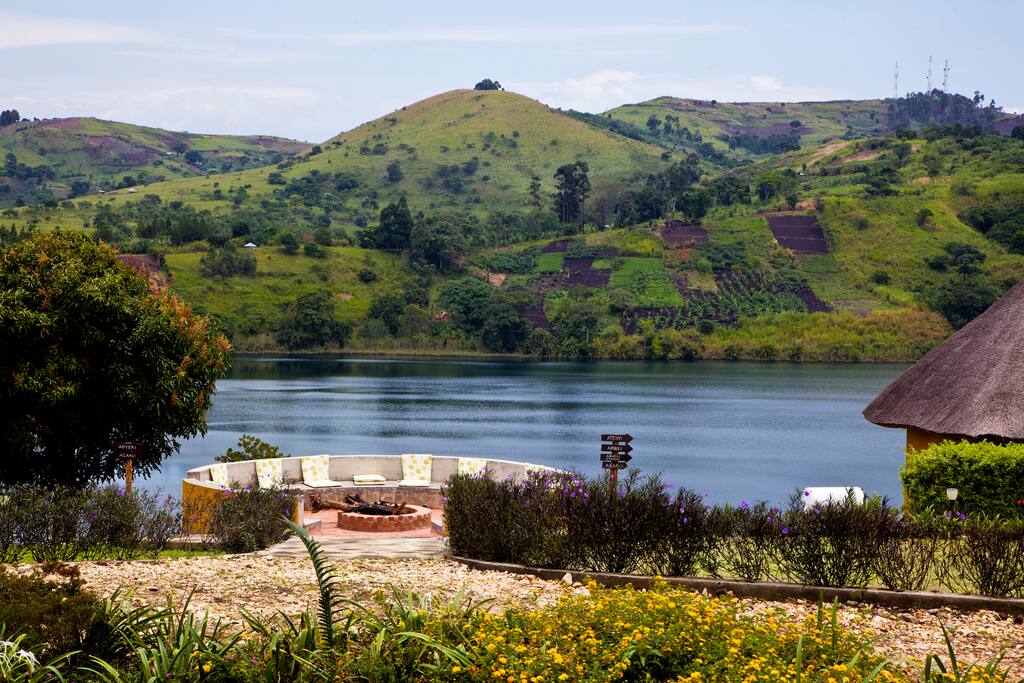 fire place with the lake view