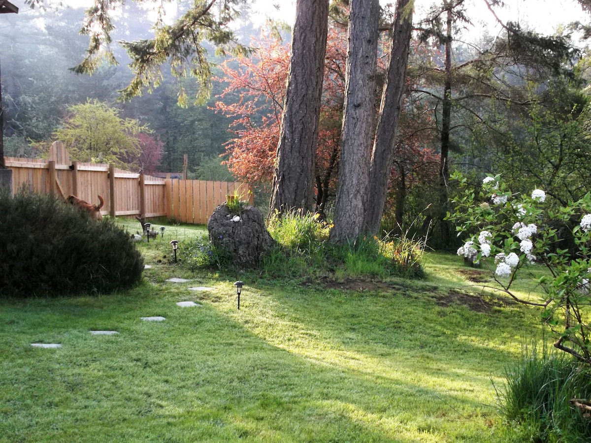 A serene outdoor area displays a well-maintained lawn bordered by various trees, including tall firs. A wooden fence creates a private space. Flowering plants add color and visual interest, while soft morning light casts gentle shadows across the grassy expanse.
