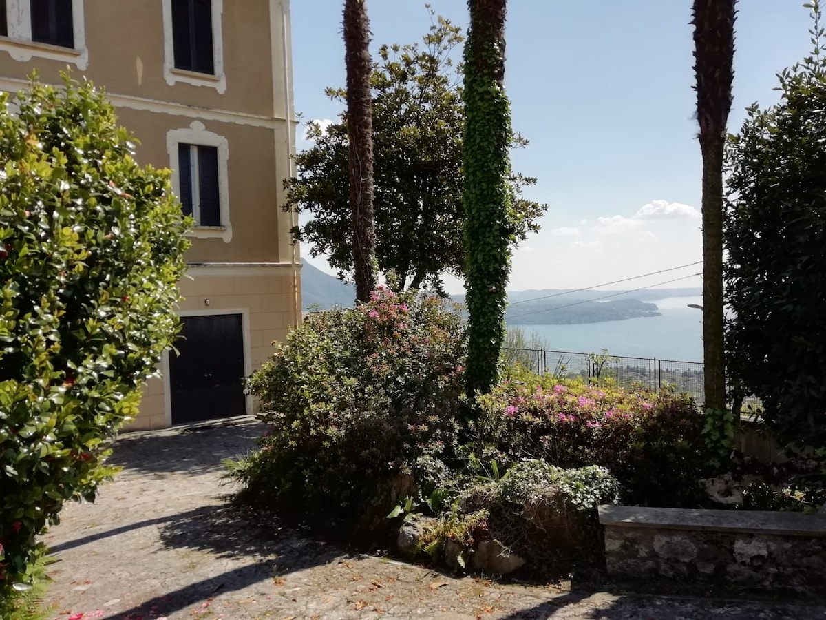 A tranquil garden area is visible, featuring lush greenery and blooming flowers amidst well-manicured shrubs. The path leads toward a historic villa, with the serene lake view framed by trees and plants in the foreground, creating a peaceful outdoor atmosphere.