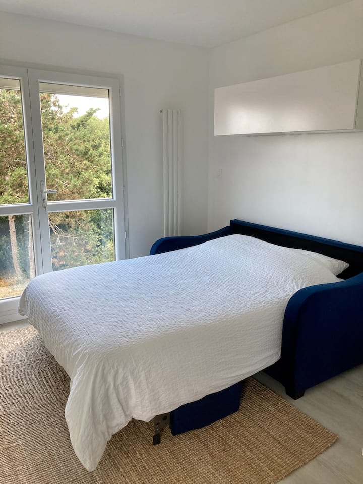 Sebule iliyo na sofa inayoweza kubadilishwa yenye viti 3 (sentimita 140 x 190) na hifadhi ya juu katika hali ya usiku.