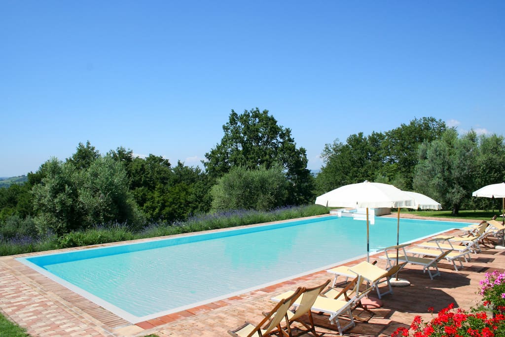 La bellissima Piscina con la Vista della Campagna Toscana e del borgo di San Gimignano.
