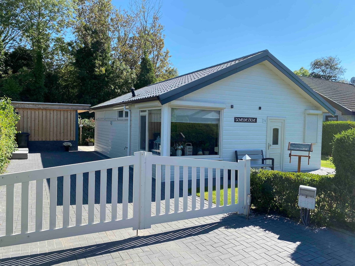 The exterior of the bungalow is captured, showcasing a modern design with a sloped roof and large front window. A white gate opens to a paved driveway leading to a spacious area. Lush greenery surrounds the property, creating a pleasant entrance.