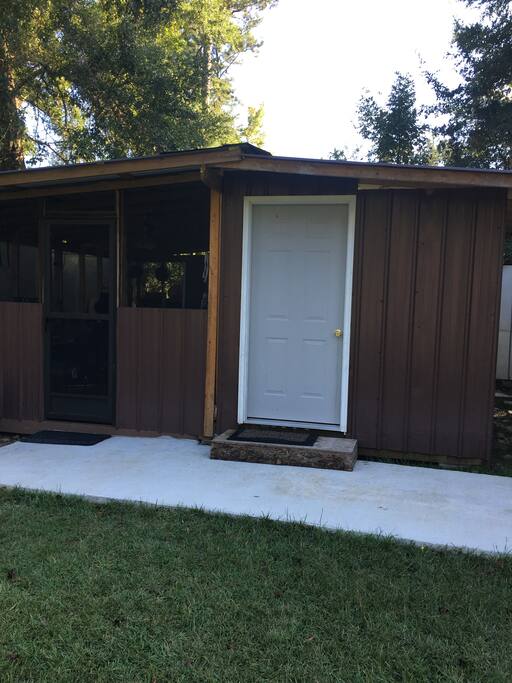 Entrance to outdoor kitchen and bathroom