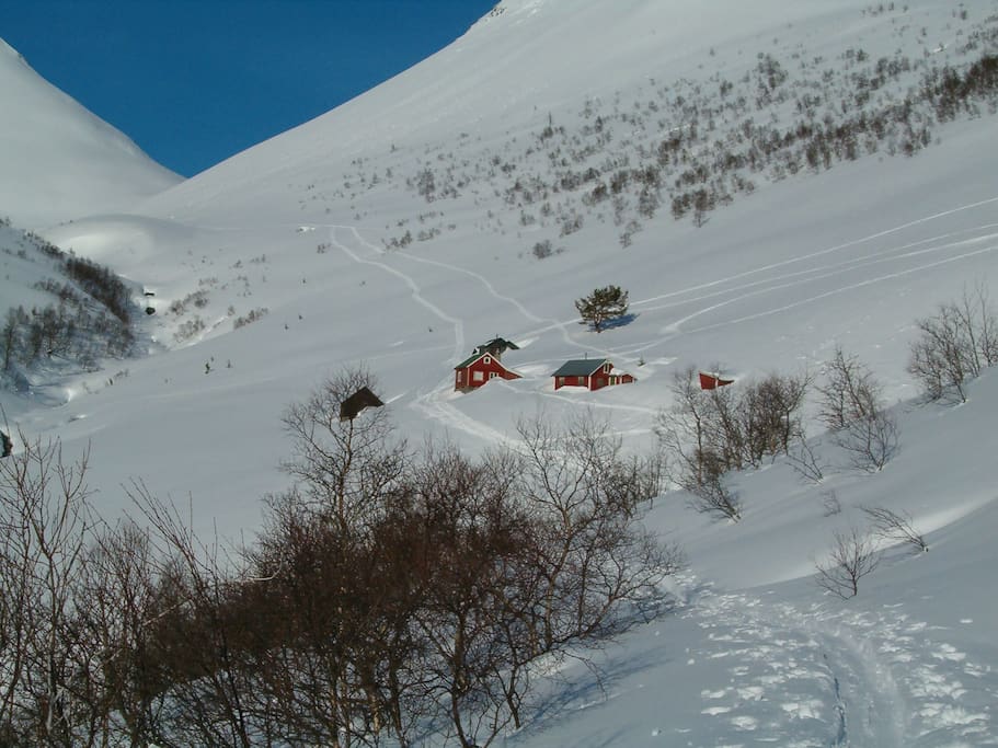 utsikt over hyttene på setra,