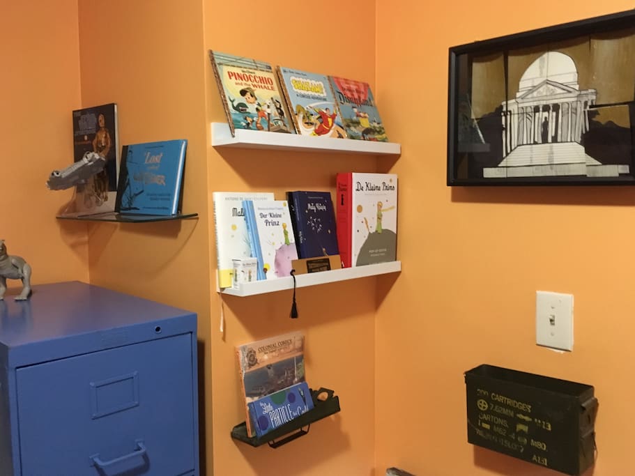 The guest room is filed with books of all types.