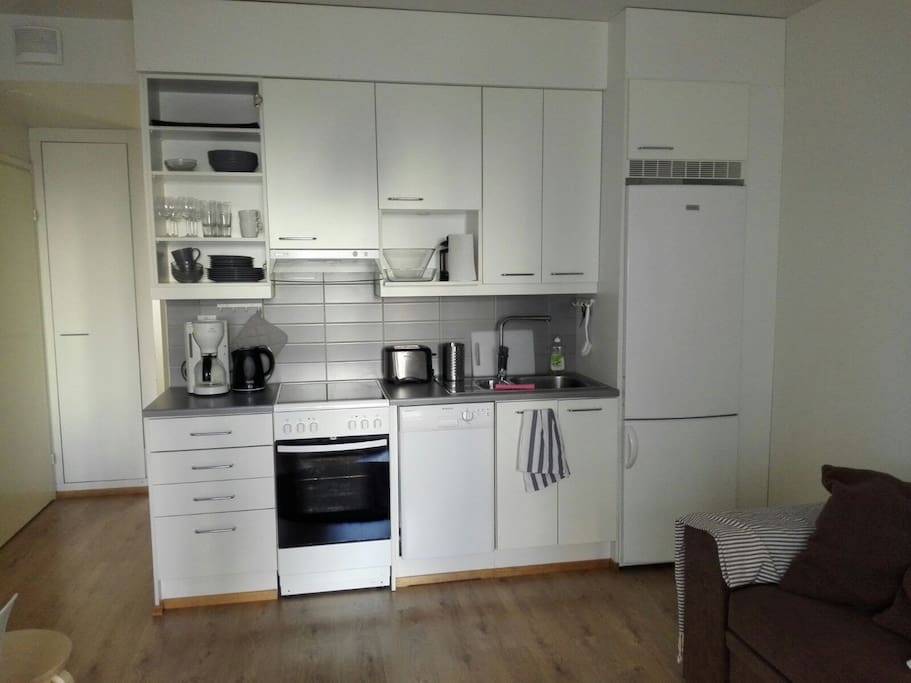 Olohuone ja keittiöseinä parvekkeella. Living room and kitchen with balcony.