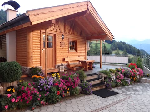 Beautiful wooden cabin with fireplace and pine bed