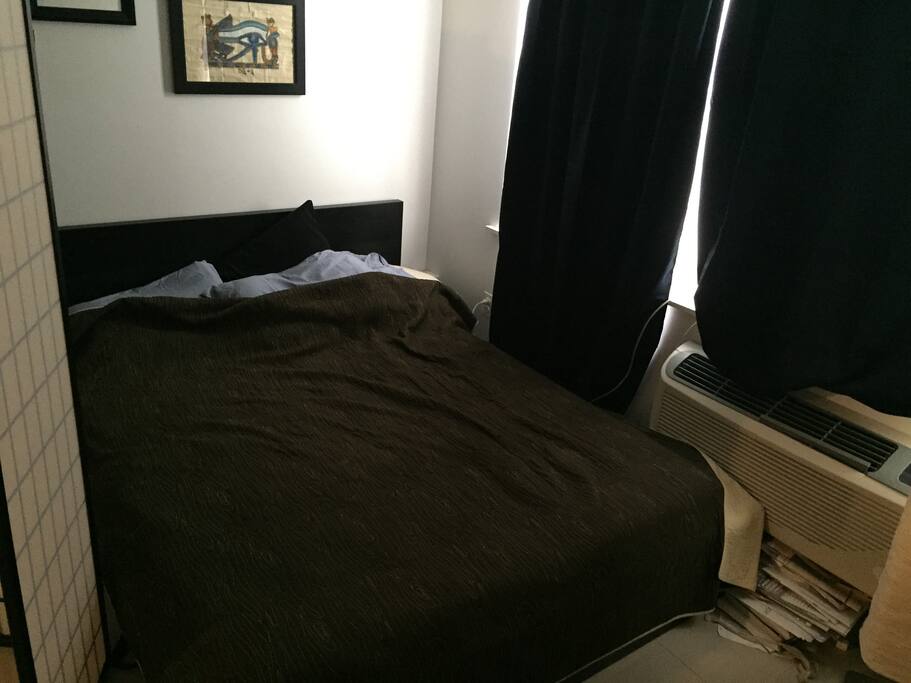 "Bedroom" area of the studio. 3-Panel wood divider for privacy.