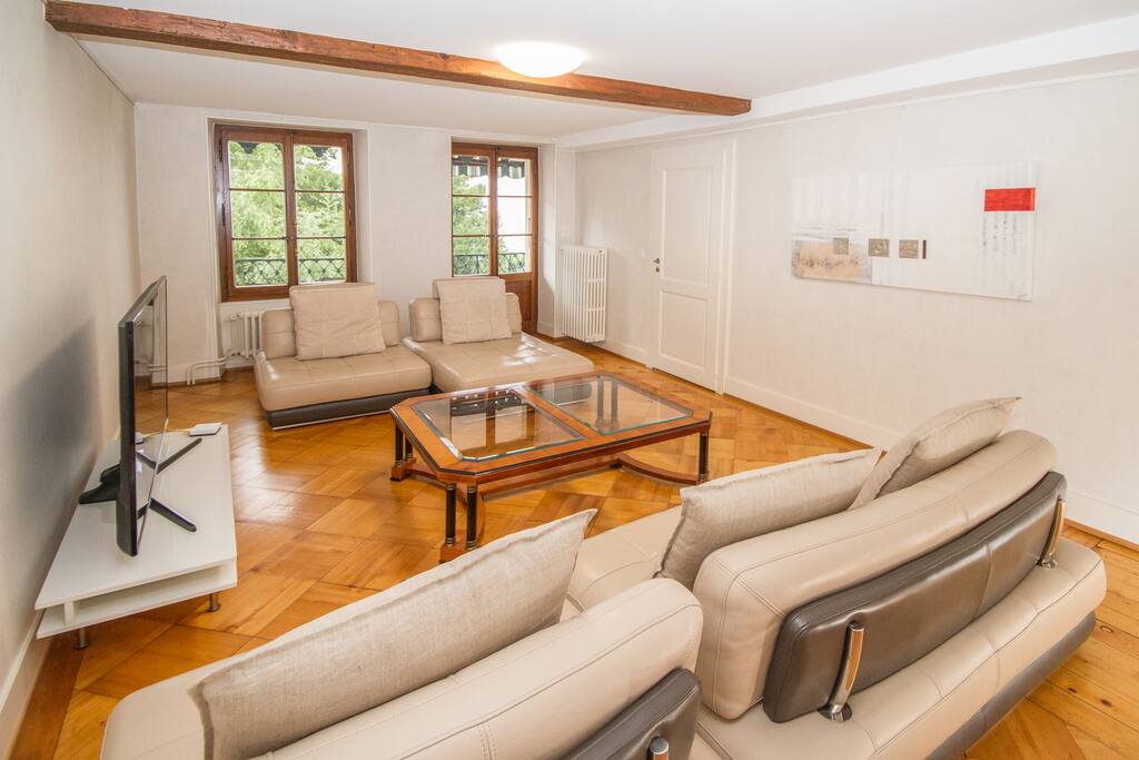 Lake-side living room with leather Natuzzi couches and access to main balcony overlooking garden and lake