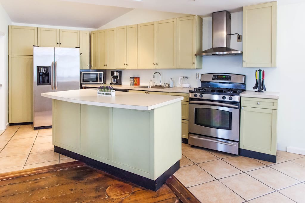 Stainless steel appliances, gas stove, tons of cabinets, spacious and open. Kitchen is lightly stocked with everything you need to make simple dinners. There is olive oil and vinegar, salt and pepper, sugar, tea and coffee.