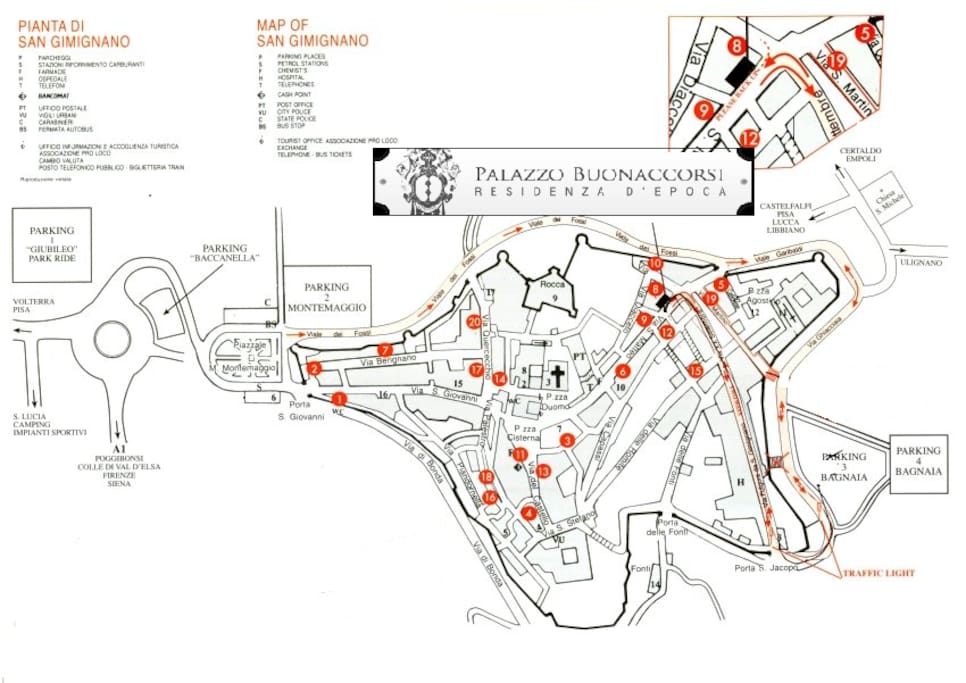 Map for arrive at the Historical Palazzo Buonaccorsi with the car to leave your luggages.
You need to look for direction parking 3/4, to go on and enter in the area of resident by the little gate medieval San Jacopo. To arrive in top of the street, to leave the car in front door.