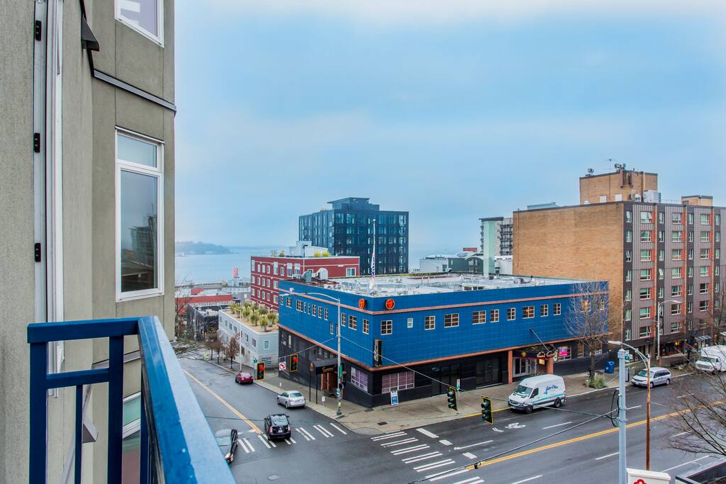 From the balcony, peer at the best of Belltown and Elliott Bay too