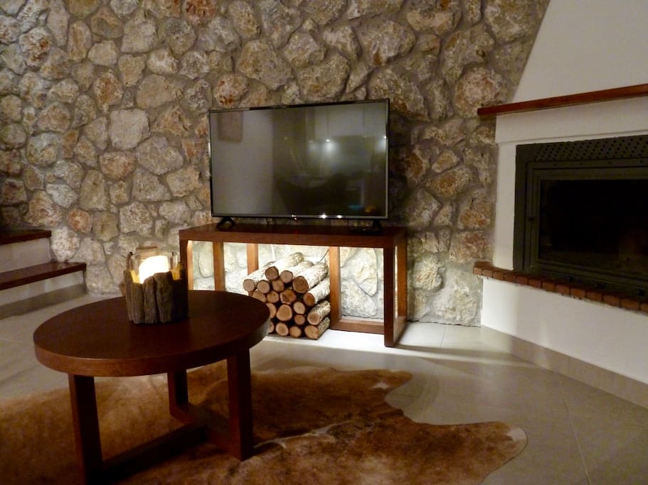 Living room with satellite TV and fireplace