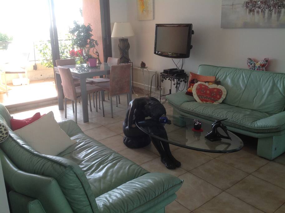 Séjour s'ouvrant sur la terrasse baies coulissantes