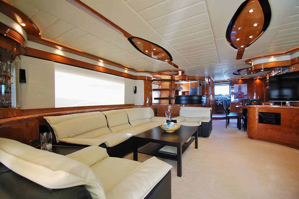 The spacious salon has Apple TV and surround system