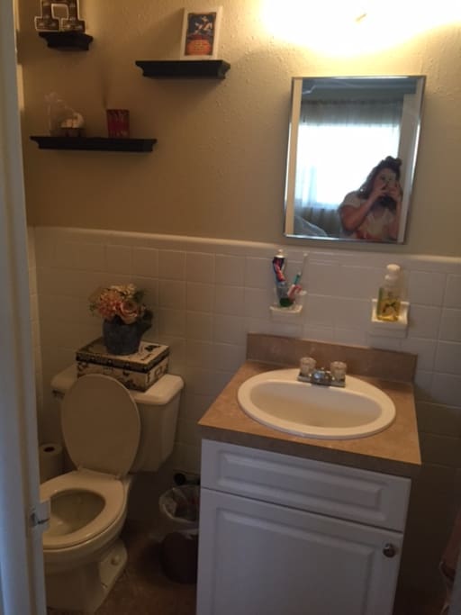 Bathroom with tub/shower.