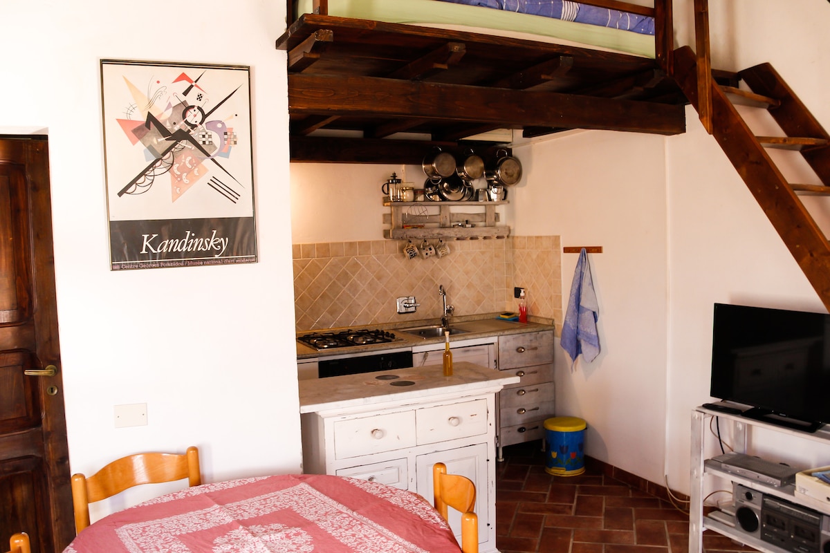 An open kitchen area is visible, featuring wooden cabinetry and a gas stove. Metal cookware hangs above, while a small round table with a patterned tablecloth is set nearby. A staircase leads to an elevated sleeping area, and a television is positioned against the wall.