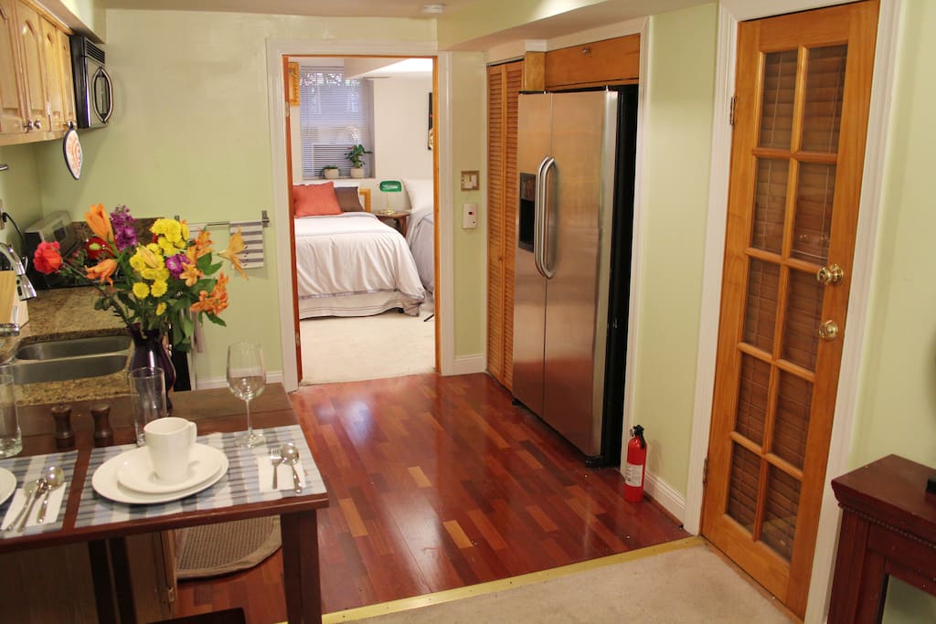 The Kitchen with its Brazilian Cherry Floor and Double Door Refrigerator