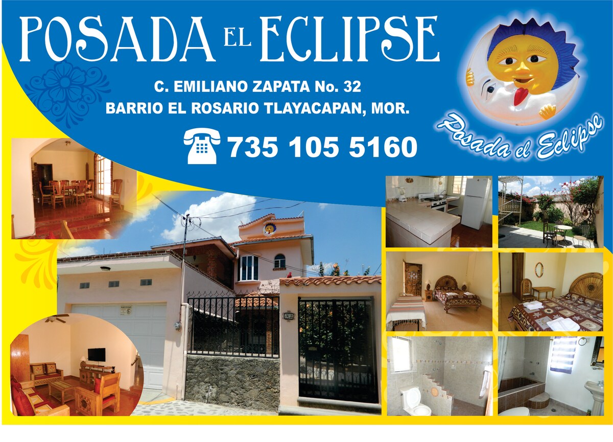 A vibrant advertisement showcases Posada El Eclipse, featuring a prominent name in bold lettering. Images display various spaces, including a dining area with wooden furniture, a well-furnished bedroom, and a tiled bathroom. A colorful exterior is complemented by lush garden elements surrounding the property.