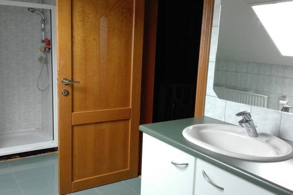 Salle de bain commune avec douche, évier et WC