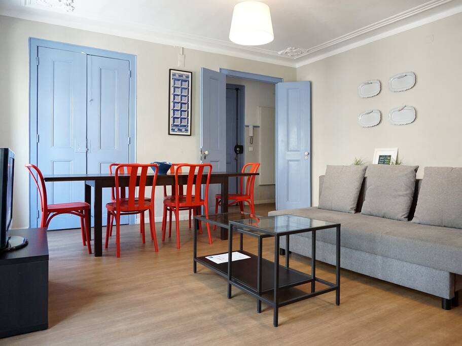 living room with dining room
