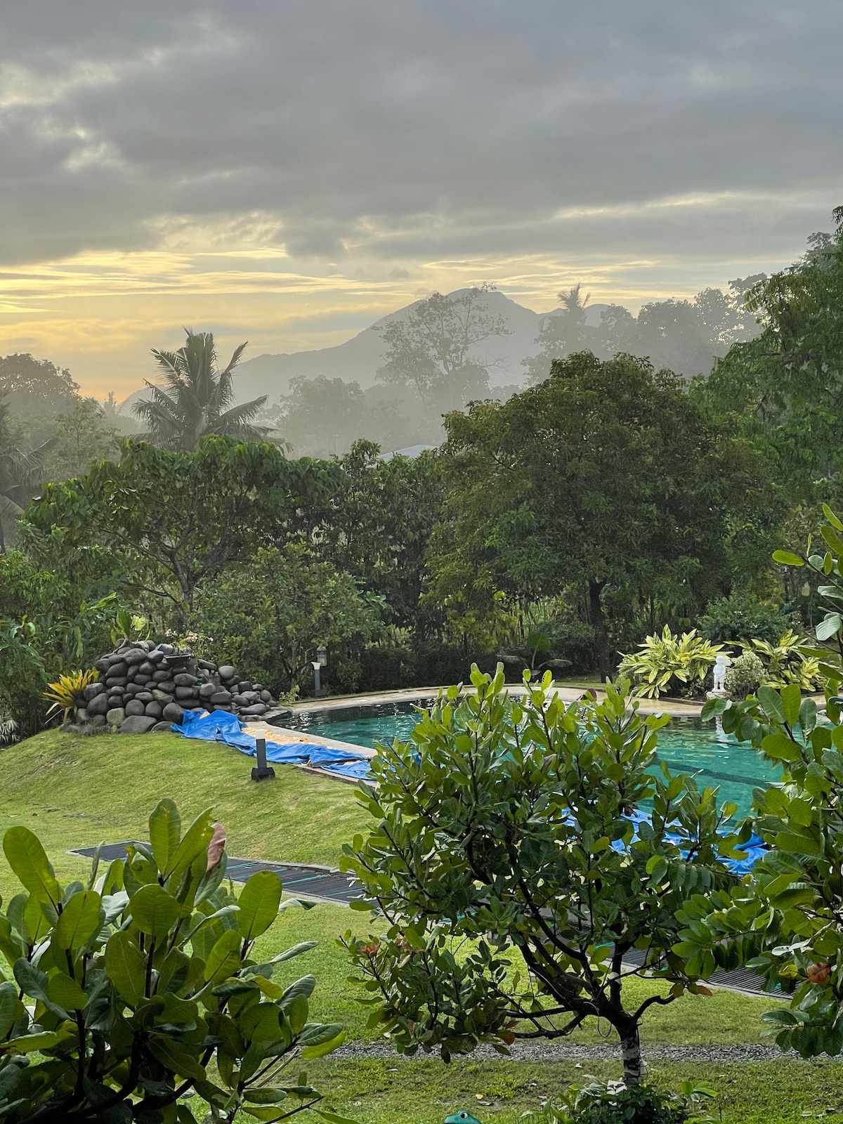 A serene morning scene features a lap pool framed by lush greenery and ornamental plants. The gentle mist adds a tranquil ambiance, while the distant mountains provide a scenic backdrop. Sculptures and natural elements are integrated into the landscape, creating a peaceful outdoor environment.