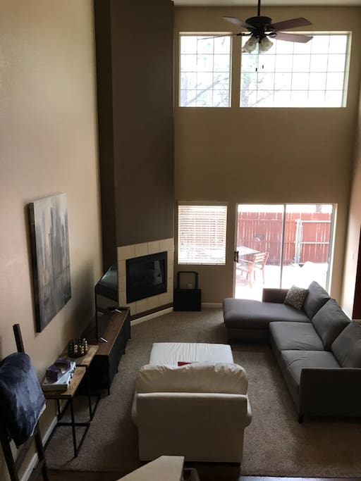The family room is spacious and two-stories, talk about a great room!