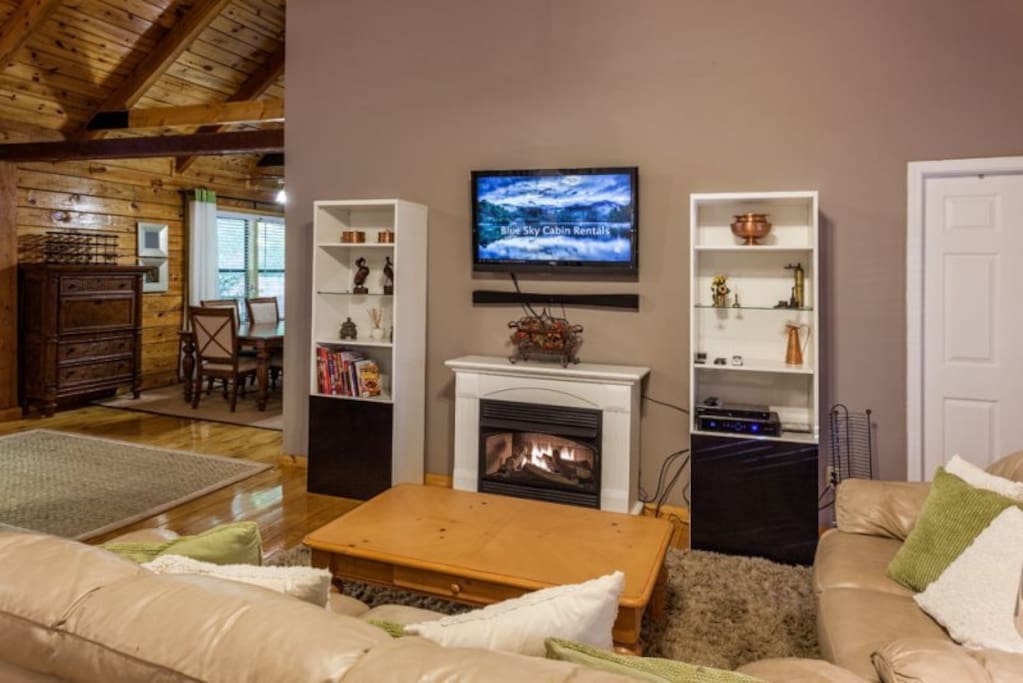 Great Room with a 42 inch flat screen TV and a gas fireplace