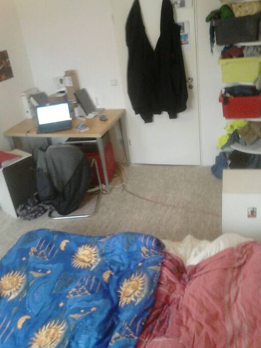Your Room with a large 1,8x2m matrace, a desk and two shelfs for your stuff