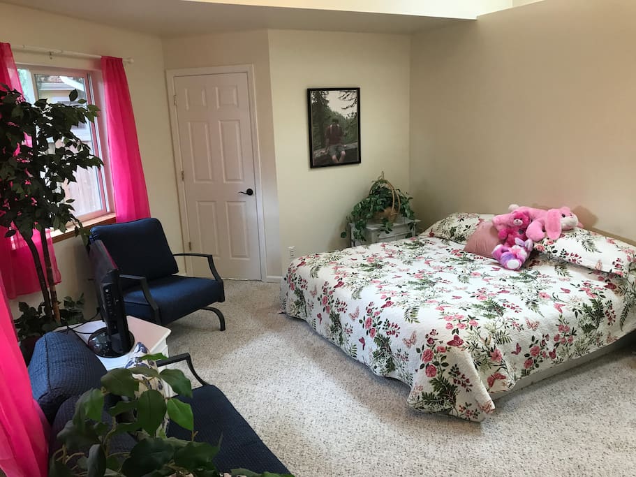 Master suite downstairs that has a King size bed and private bathroom and tv ...