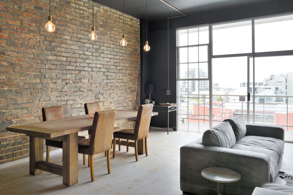 Hanging Lightbulbs, rustic dining table.