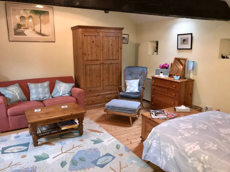 The apartment's spacious bed-sitting room