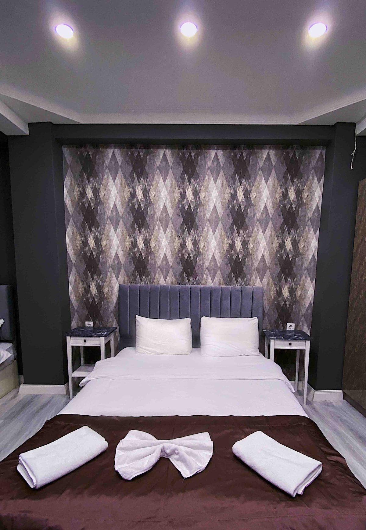 A spacious sleeping area is featured with a large, neatly made bed adorned with a dark brown throw blanket. Two pillows rest at the head of the bed. The headboard is complemented by an elegant geometric patterned wall. Nightstands with bedside lamps are placed on either side.