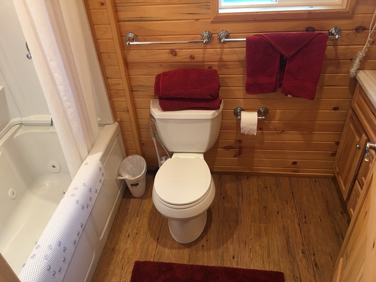 The bathroom features wooden paneling and a warm color scheme. A fully equipped jetted tub is positioned beside the relaxing space. Red towels are neatly arranged on the towel rack, complemented by a rug in a matching hue on the floor.