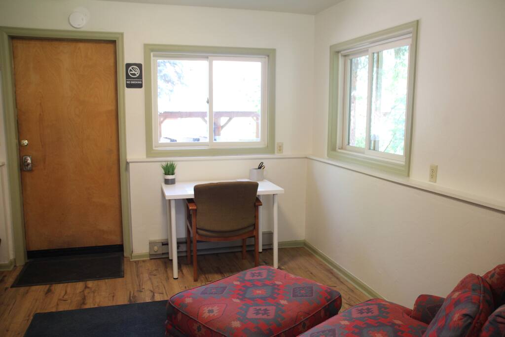 Working area and a comfortable chair to relax in.