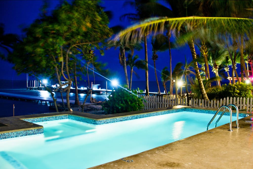 Fresh-water pool at night time.