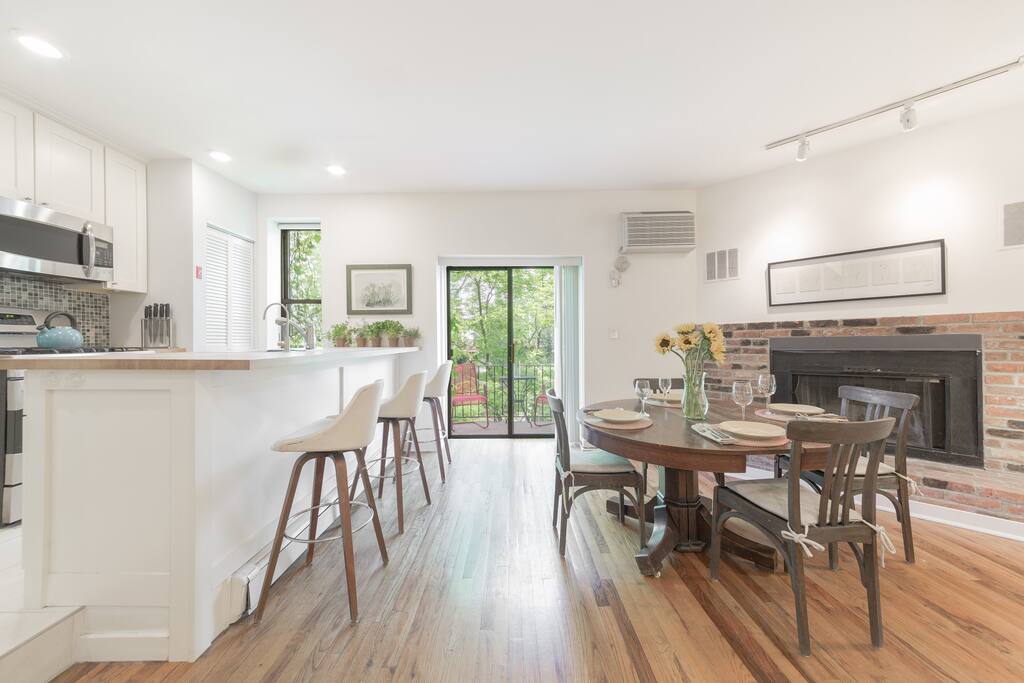 Second Level- bright, open kitchen/dining room layout.