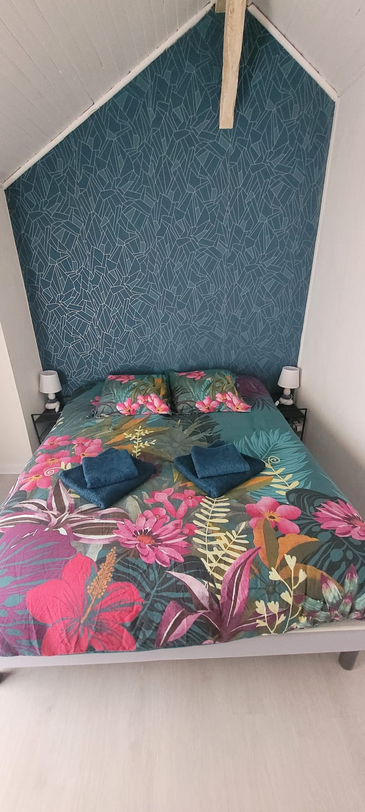 Chumba cha kwanza cha kulala:
- KITANDA 1 160x200, GODORO LA SIMONS
- 1 duvet watu wa 2
- Mito 2
- kabati 1 lenye viango 6, rafu 1 ya kuhifadhi
- Wi-Fi, Wi-Fi
- Taulo za kuogea na mashuka yaliyotolewa na kutayarishwa kabla ya kuwasili