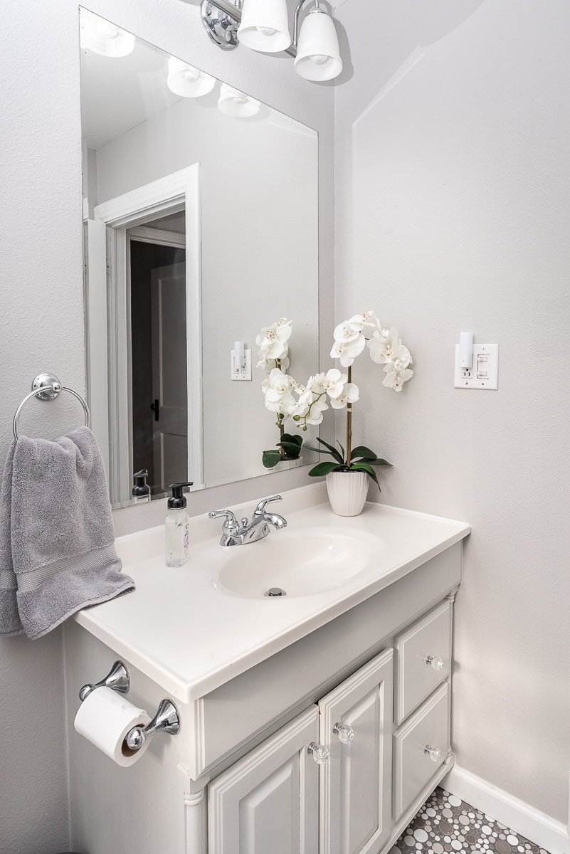 A modern bathroom sink area is displayed, featuring a white countertop and a large mirror above. A small potted orchid adds a touch of greenery, and a soft gray towel is neatly hung. Light-colored cabinetry offers storage beneath the sink, complemented by subtle patterned flooring.