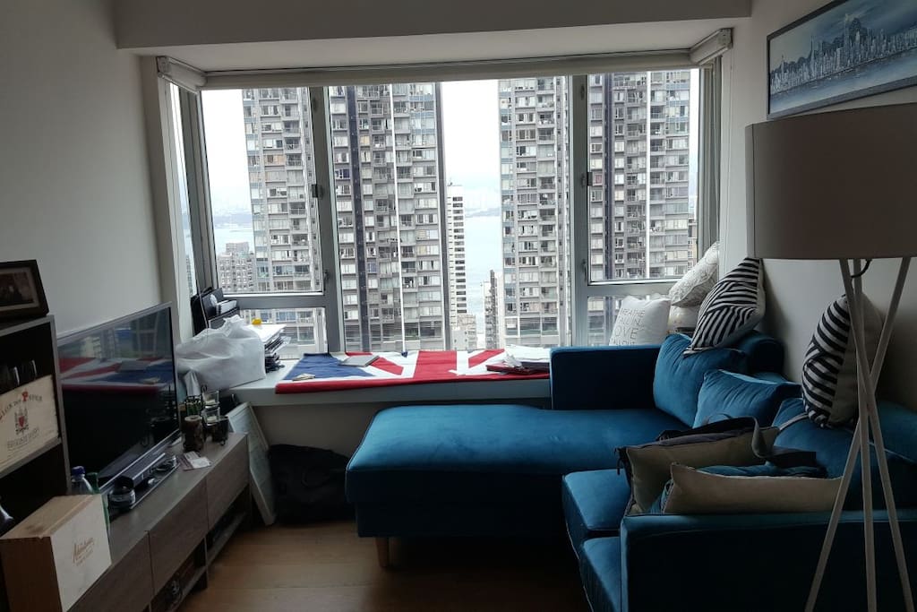 Living room with amazing view of Hong Kong Harbour