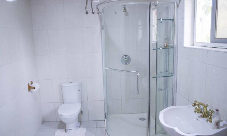 The bathroom features a glass-enclosed shower with a modern fixture. A white toilet is positioned adjacent, and a pedestal sink is displayed with a mirror above. Natural light enters through a window, illuminating the white tiled walls.