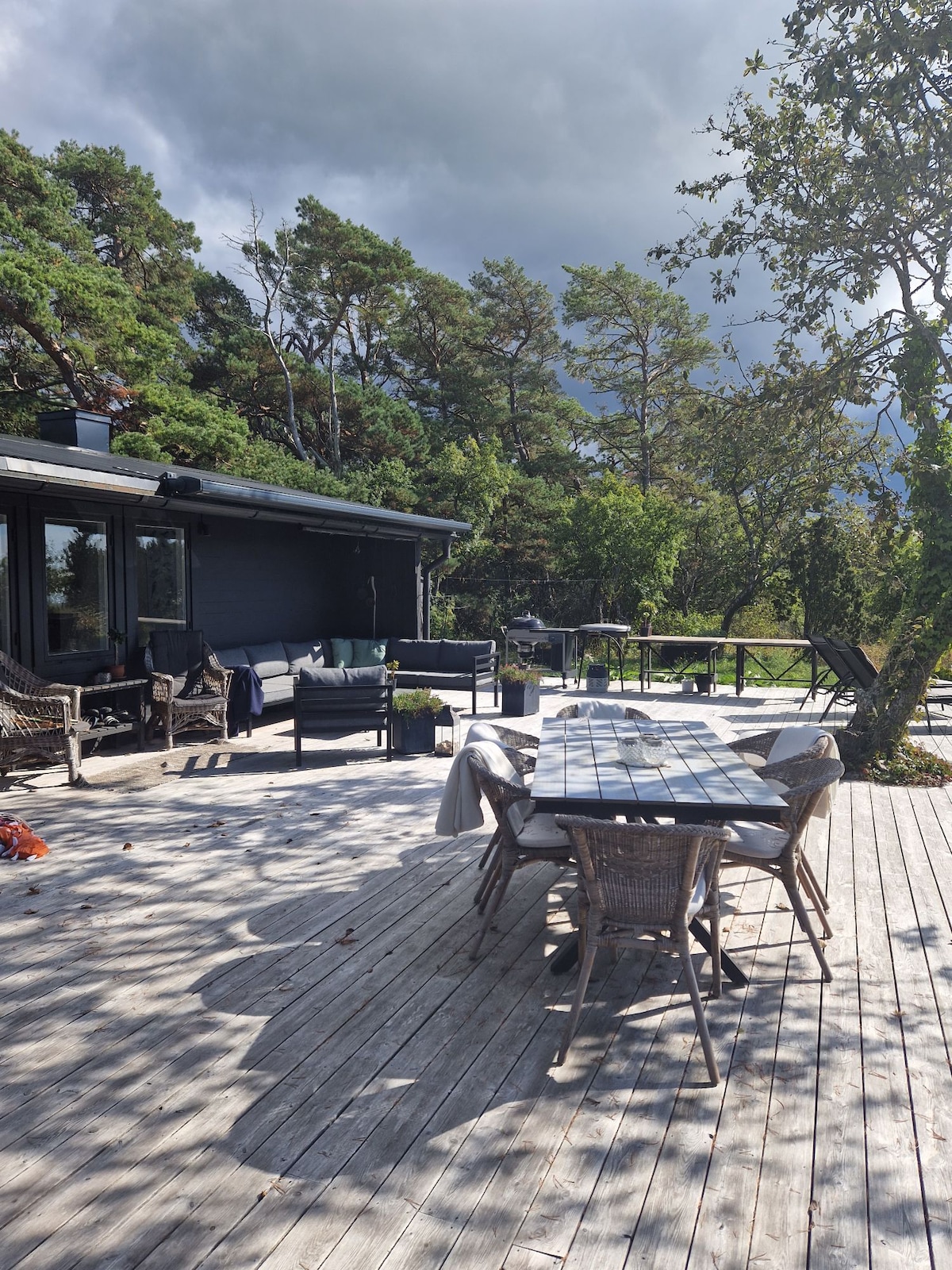 A spacious outdoor deck is featured, showcasing a long dining table surrounded by wicker chairs. Comfortable seating areas with cushions are visible, nestled among trees and greenery. Natural light filters through the branches, creating a serene atmosphere in a tranquil setting.