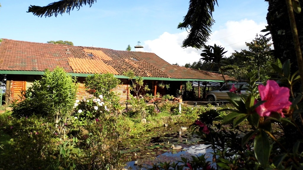 A charming chalet is visible, constructed from natural wood and topped with a terracotta roof. Surrounded by vibrant greenery and blooming flowers, a serene pond reflects the beauty of the landscape, while a vehicle is parked nearby, indicating accessibility.