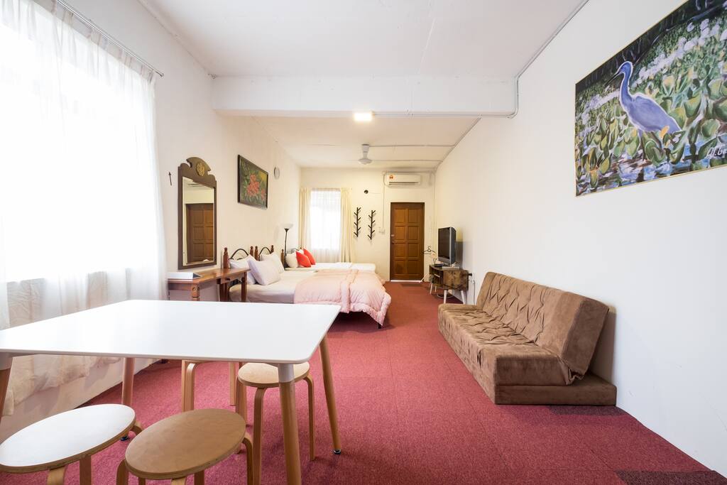 Dining table, stools and sofa bed