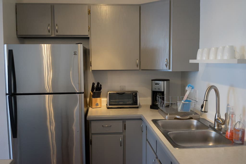 Kitchen is stocked with coffee and sugar for when you arrive
