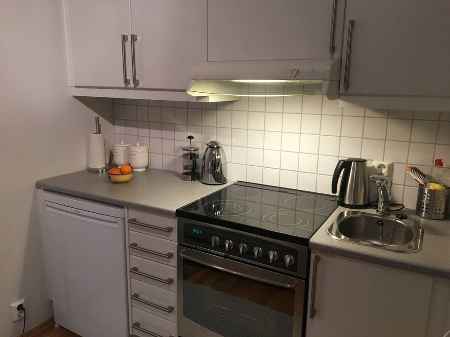 En kjøkkenkrok med kjøleskap, liten frysedel, komfyr, vannkoker mm.