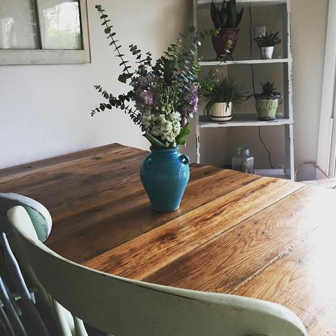 Homemade 8ft barn wood table. Plenty of space!