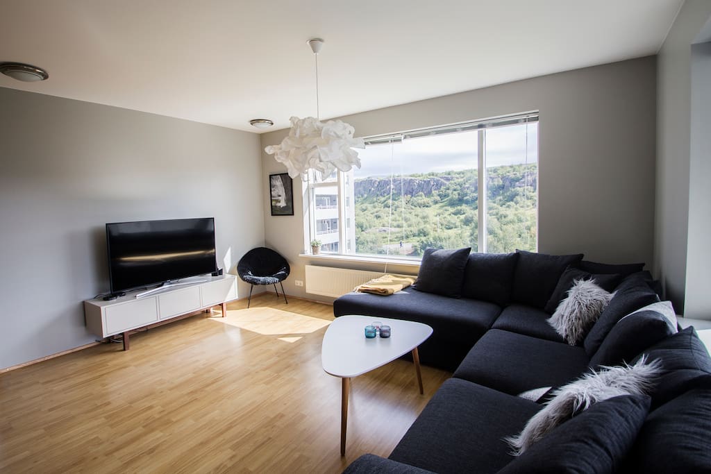 Living room with a big sofa and a 55' flat screen TV