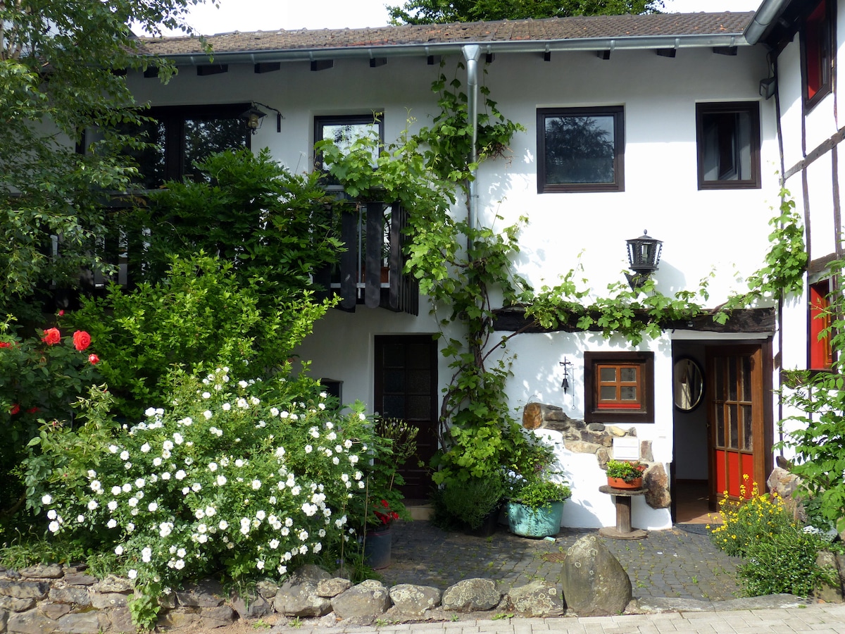 The exterior of a rustic house is depicted, featuring light-colored walls and dark wooden accents. A vibrant garden with seasonal flowers and greenery surrounds the entrance. A red door offers access, while climbing plants create a natural backdrop, enhancing the character of the home.